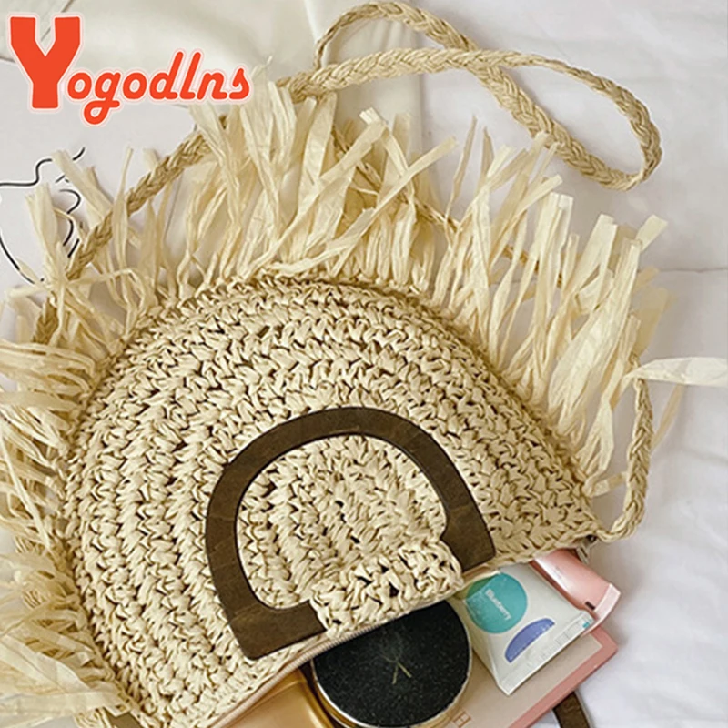 Yogodlns Summer Semicircle Straw Bag Female Tassel Vacation Beach Bag Totes Handmade Woven Girl Shoulder Crossbody Bag Totes