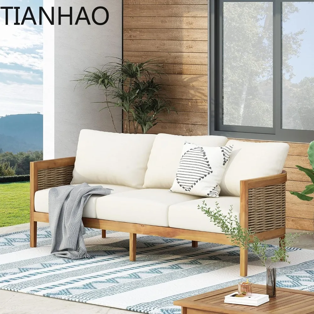 Outdoor Acacia Wood Wicker 3 Seater Sofa, Patio Furniture Conversation Set for Backyard