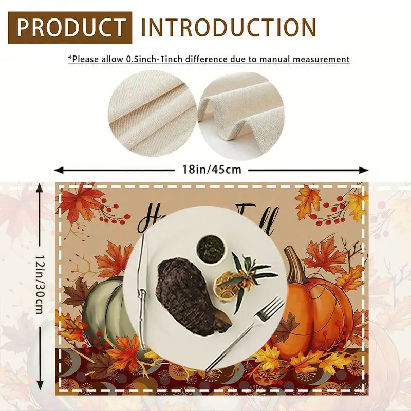 VIKAMA Autumn Harvest Linen Placemats Pumpkin Maple Leaf Print Washable Table Mats for Thanksgiving Dining Home Farmhouse Decor
