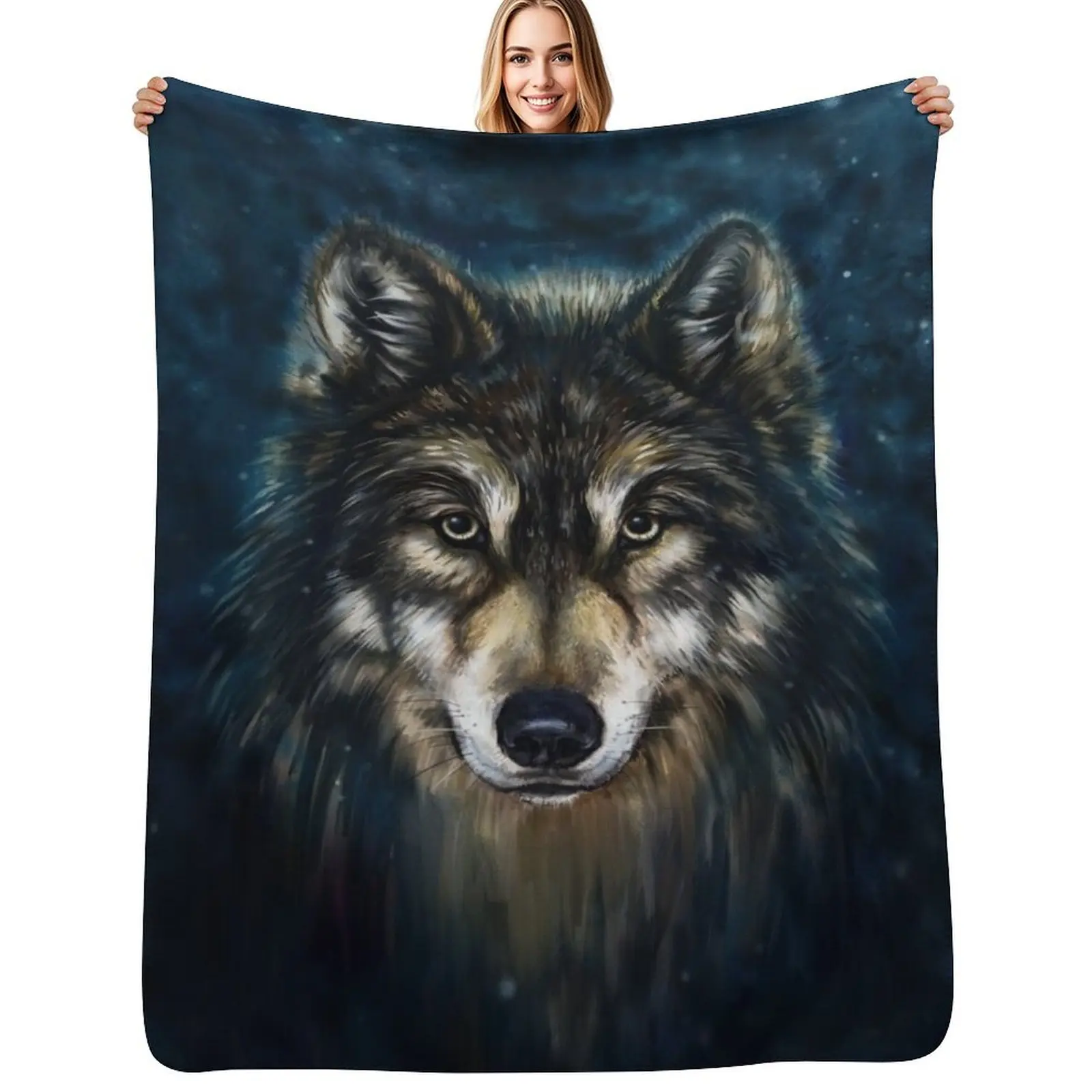 Artistic Wolf Face Throw Blanket Warm Accent Blanket for Living Room Decoration