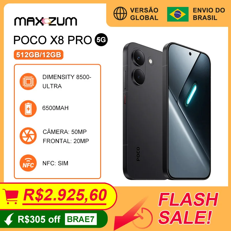 Poco X8 PRO 5G, 512GB/12GB, MediaTek Dimensity 8500-Ultra, Bateria de 6500mAh, Câmera de 50MP, Versão Global