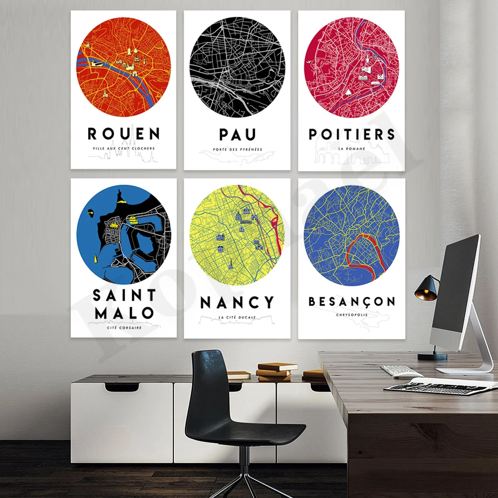 بيسانسون نانسي سانت مالو بويتييرس باو رووان. خريطة المدينة. ديكور جدران المنزل ملصق فني