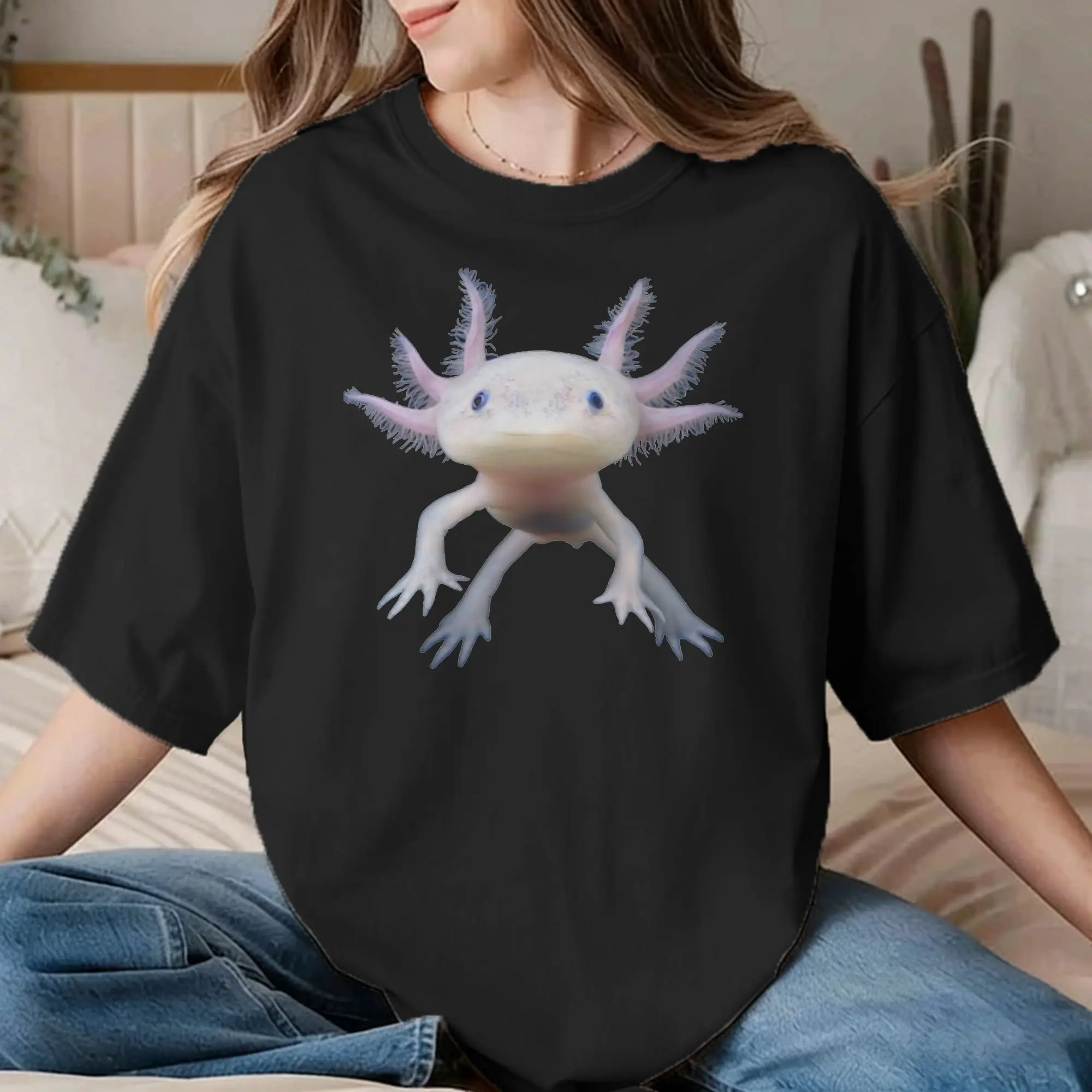 Camisetas Axolotl Cute Kawaii para homens e mulheres, camisetas de algodão puro, gola redonda, camiseta de manga curta, roupas plus size