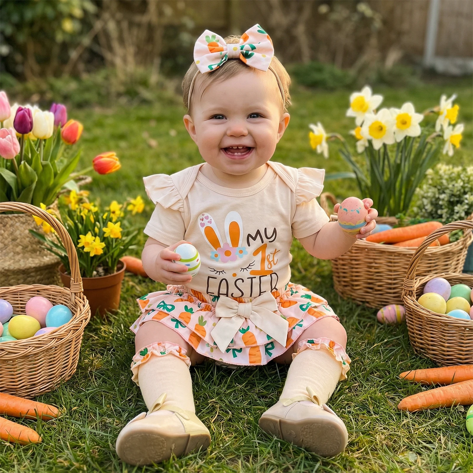 Baby Girl Easter Outfit Short Sleeve Letters Romper with Carrot/Bunny Shorts Bow Headband Socks Cute Baby Easter Costume