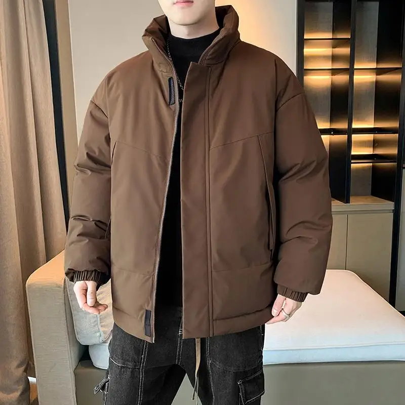 

American Sle Pure Color Stand Collar down Cotton Jaet Men's Winter Loose New Thi Warm Cotton Coat Sli Coat