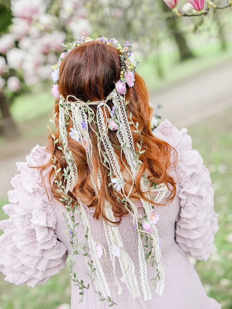 Bohemia Fringed Vines Flower Hair Crown Bride Wedding Headband Hair Band Women Flower Wreaths Garland Hair Accessories