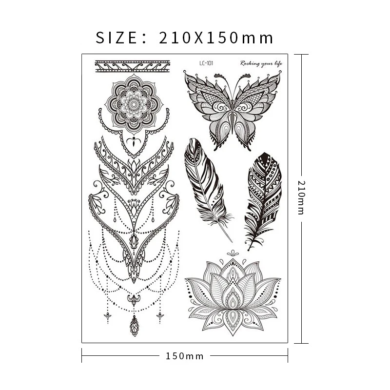 Waterproof Temporary Tattoo Sticker Chest Lace Henna Mandala Tattoos Black Flower Body Art Arm Leg Fake DIY Tattoo Women Men