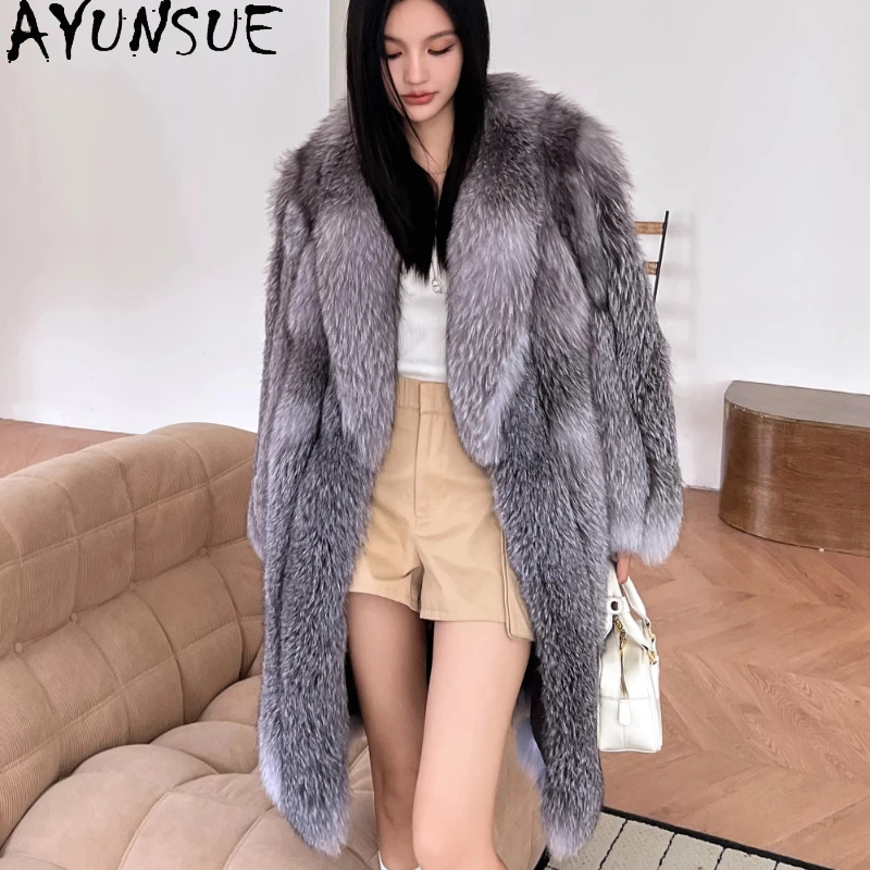 AYUNSUE Prawdziwy futro z lisiego futra płaszcz damski luksusowa zimowa kurtka futrzana średniej długości nowe płaszcze futrzane odzież wierzchnia odzież damska w stylu high street Шуба