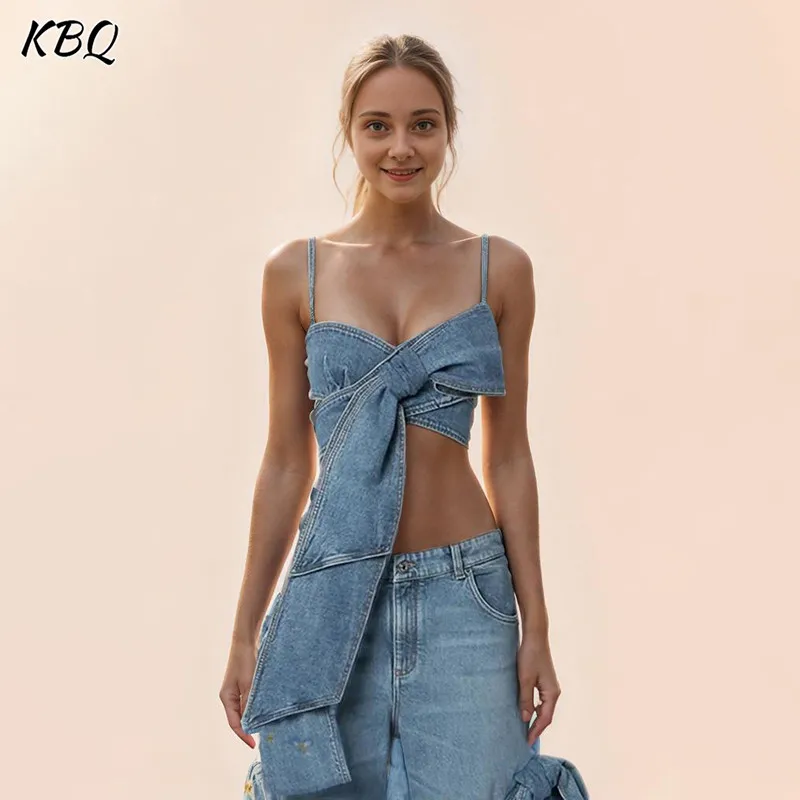 

KBQ Solid Slimming Denim Tank Tops For Women Square Collar Sleeveless Backless Patchwork Bowknot Summer Vests Female Fashion New