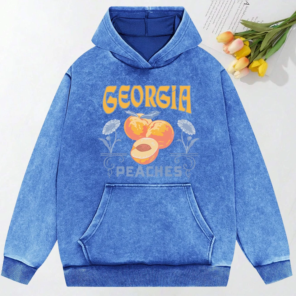 Peaches Creative Cartoon Printed Washed Hoodie Autumn Fashion Streetwear All-Match Loose Top Cotton Hip Hop Hoody Unisex