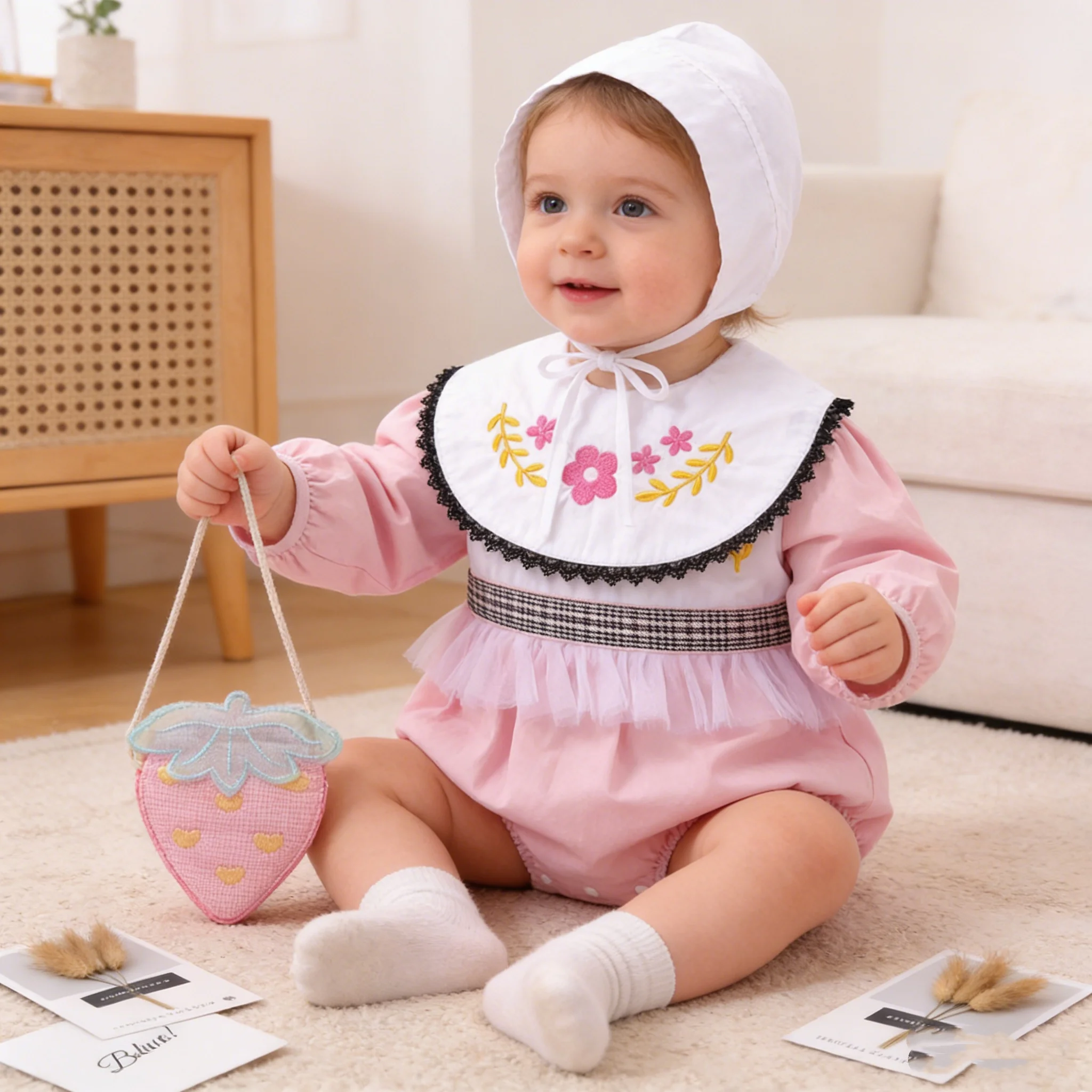 Retro Princess Baby Girl's Four-Piece Set Embroidered Sweet Color Match Spring Summer Outfit with Bottom Cover Hat Bib And Bag