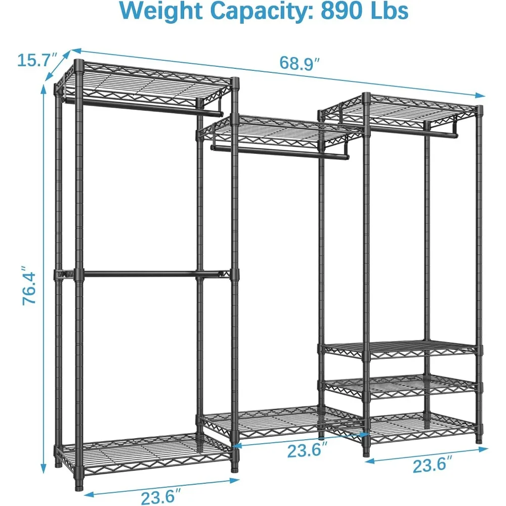 Wardrobe Closet Max Load 890LBS, Freestanding Clothing Rack with 4 Hang Rods & 8 Shelves, Portable Adjustable Bedroom Armoires