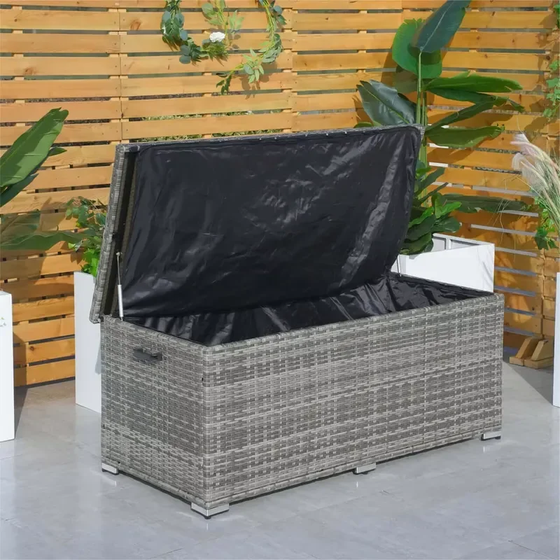 Large Capacity Foldable Sunscreen Storage Box Outdoor Steel Rattan Woven Rectangular Container Waterproof Plastic Wicker