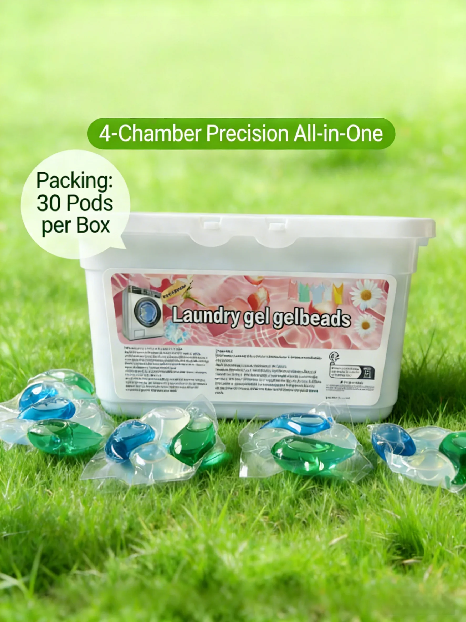4-Chamber Laundry Capsules,Large 15g , 30pcs/box 1 pod per use, 1 box = 30 washes Wood & Grass Fragrance | Strong Cleaning Power