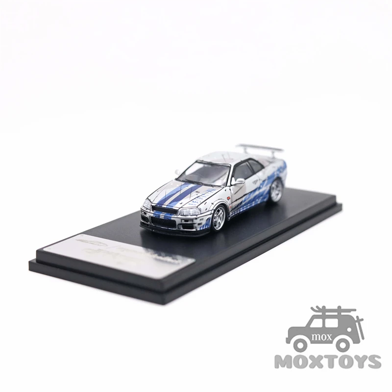 모델 수집 MC 1:64 SKYLINE R34 V-SPEC 실버 블루 셀 쉐이드/최고 비밀 다이캐스트 모델 자동차