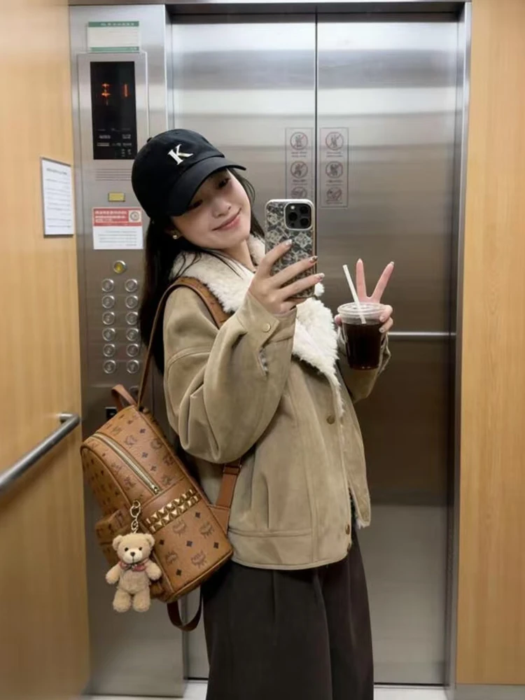 Jaqueta Feminina de Inverno com Gola de Pele de Cordeiro Retrô, Jaqueta de Couro Quente e Confortável, Casual, Solta, em Fibra de Poliéster