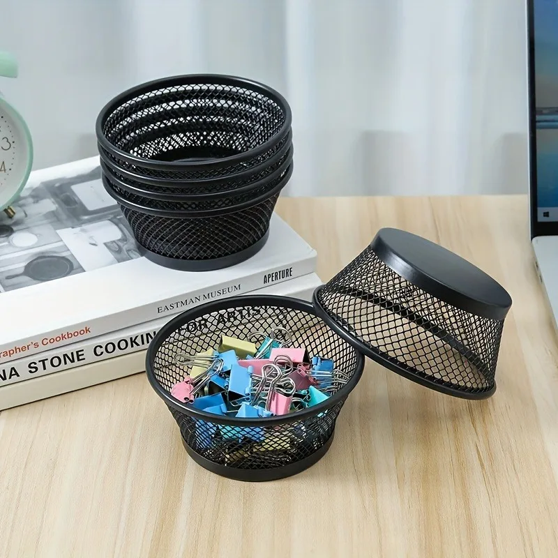 4pcs Metal Mesh Desk Organizer - Black Stackable Pencil Cup, Paper Clip Holder & Pen Storage with Mesh Top & Lower Compartment
