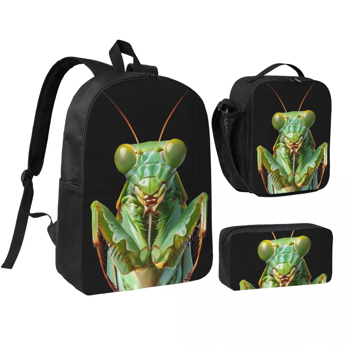 

Green Praying Mantis, Eerie Insect Art Backpack Boys Girls BookBag School Bag Shoulder Bags 3ps Insulated Lunch Bag Pencil Case