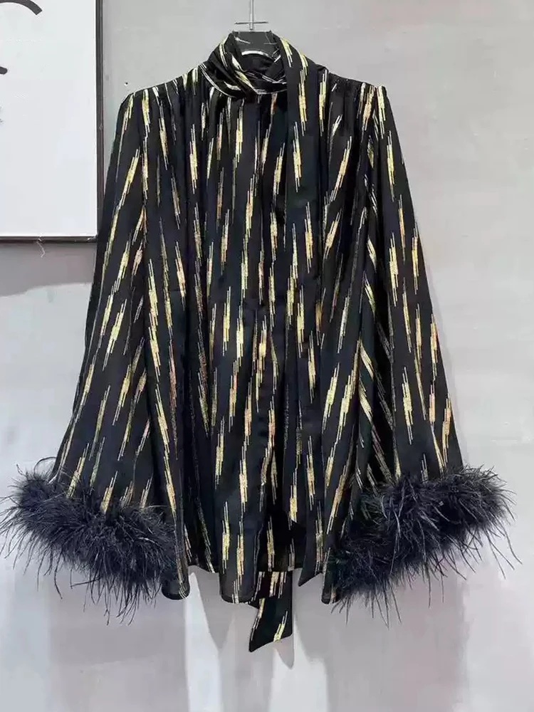 

Fashion autumn new ladies feather splicing trumpet sleeve bow tie neck blouse shirt loose casual solid color bottoming shirt