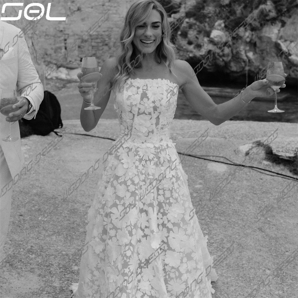 Vestidos de casamento Floral Lace Appliques, Vestidos de noiva sem alças, até o chão, sem mangas Backless, elegante, SOL