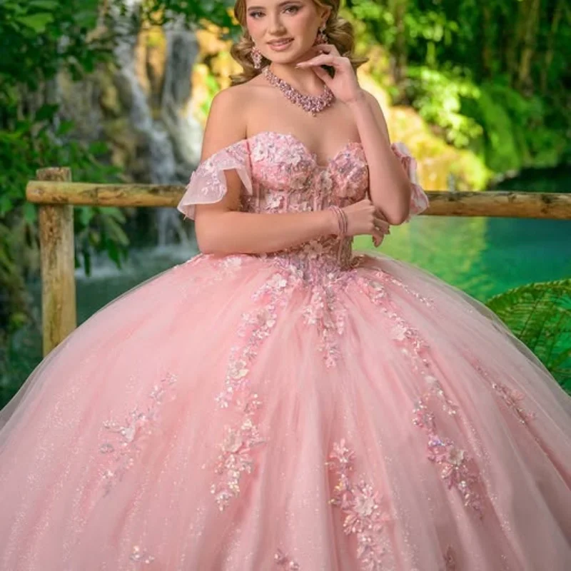 

Customized Shiny Pink Quinceanera Dresses Off the Shoulder flower sequin applique Lace Long tail Vestido 15 Quinceanera