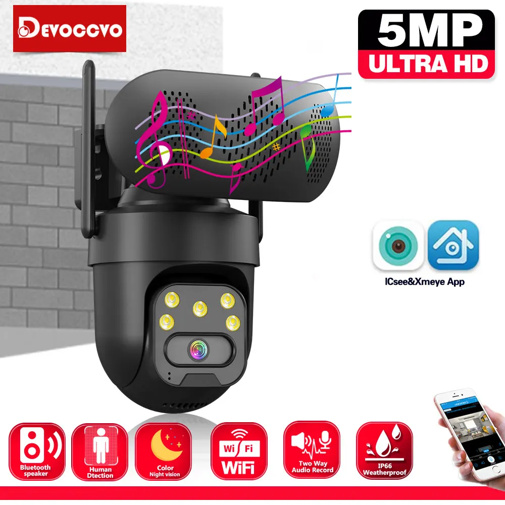 ICSEE 5MP WiFi PTZ Camera with Bluetooth Music Player Outdoor CCTV Video Surveillance Camera Auto Tracking WiFi Security Monitor