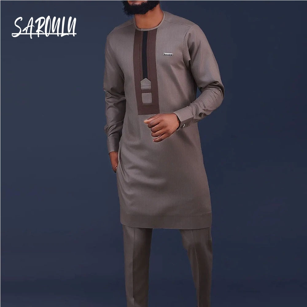 Dark Brown O Neck Men's Shirt Gorgeous 2-pieces Set For Man Arabic Muslim Long Sleeves Groom Wear Party Classy Clothing