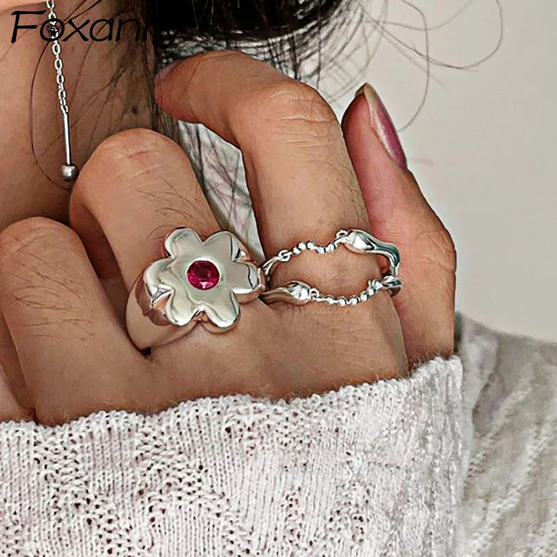 Foxanry Minimalist Flower Rings for Women Couples Korean Cute Fashion Creative Chain Tassel Geometric Handmade Party Jewelry