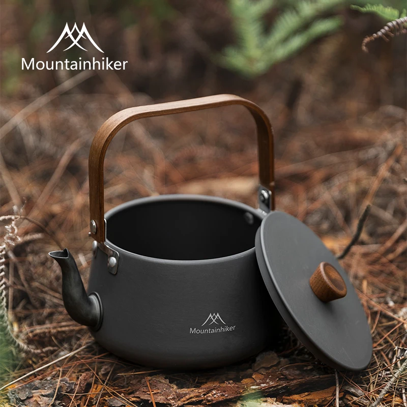 Outdoor Camping Aluminium Kettle Mountainhiker 1.1L Picnic Portable Walnut Handle Multi-ring Poly Boil Tea Kettle & Storage Bag