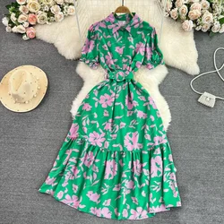 Summer Vintage Women Printed Long Dress Elegant Turn-Down Collar Single Breasted Short Sleeve High Waist A-Line Maxi Vestido New