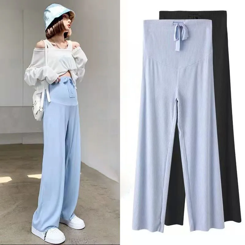 Maternity High Waist Abdomen Pants Summer Thin Cotton Trouser For Pregnant Women Wide Leg Loose Prenancy Full Length Belly Pants