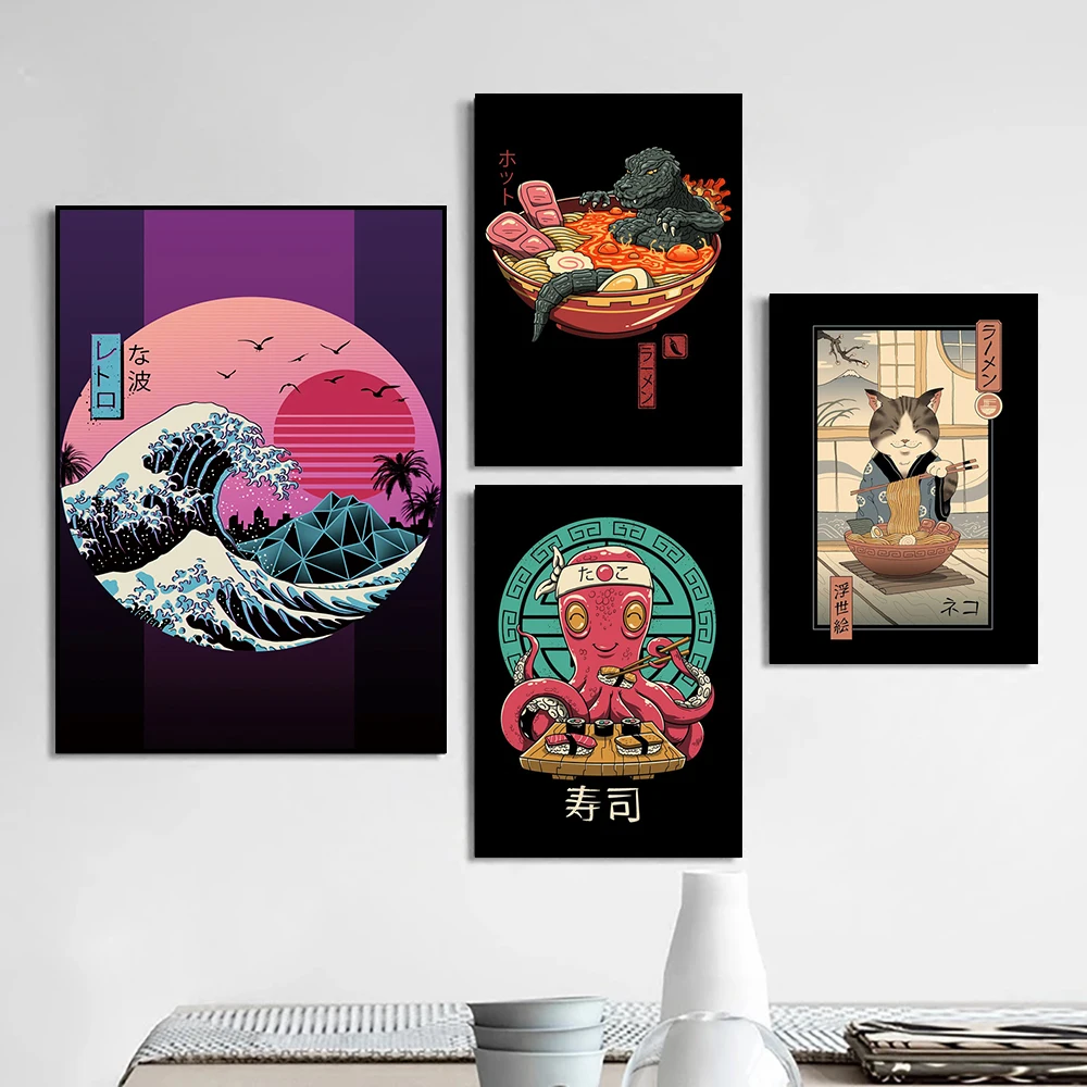 

Japanese Style Cartoon Animal Decoration Mural Retro Poster Canvas Painting and Restaurant Wall Art Prints for Modern Home Decor