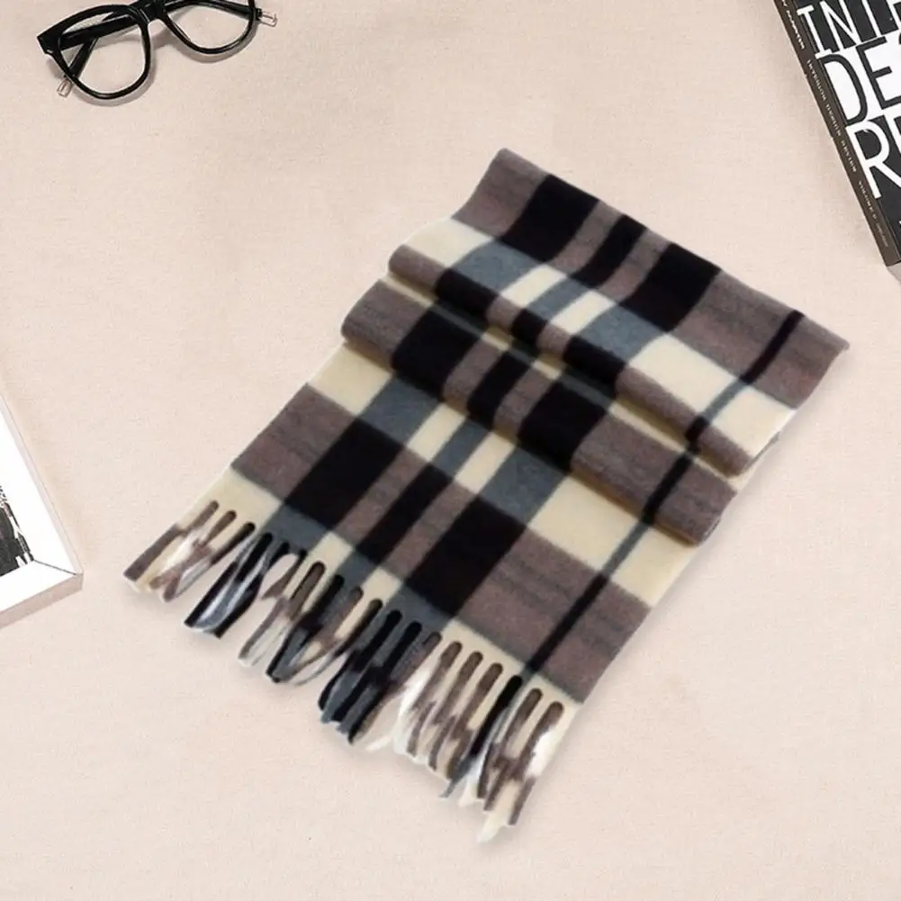 Tassel Decor Scarf Plaid Print Tassel Winter Scarf for Unisex Thick Warm Double sided Plush Long Wide Neck for Ladies