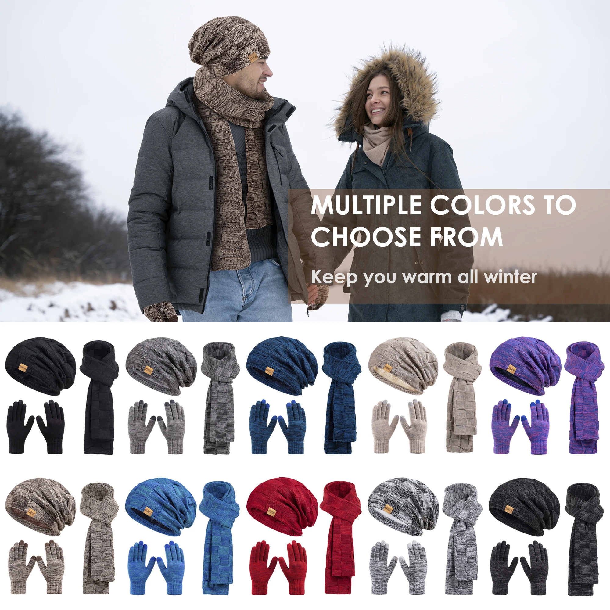 طقم شتوي دافئ ثلاث قطع عالمي للرجال والنساء، قبعة مربعة سميكة مبطنة، وشاح طويل محبوك، قفازات تعمل باللمس.