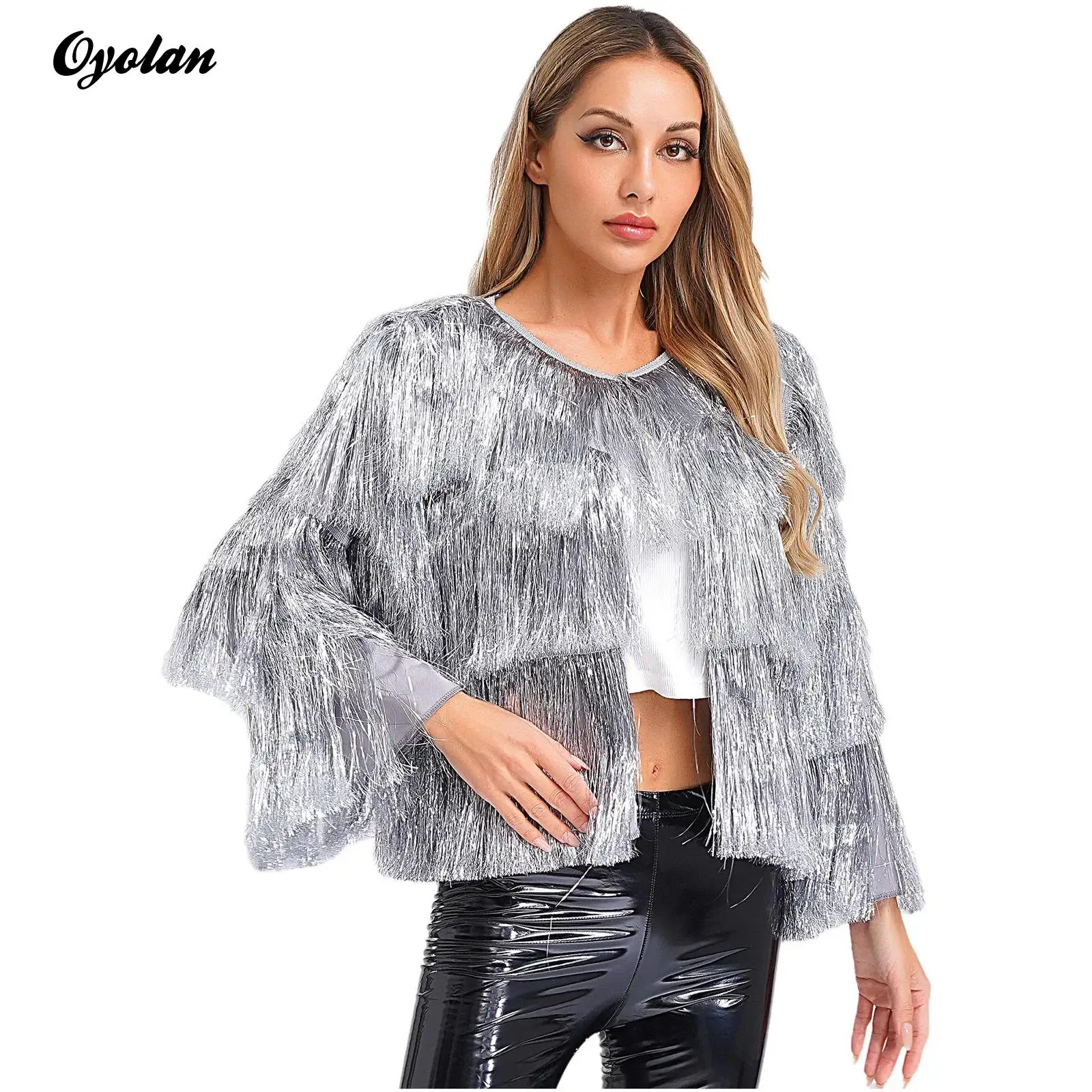 

Women Open Front Shiny Tiered Tassels Bomber Jacket Coat Tops Sequins Tassel Festival Open Front Carnival Clubwear Costume