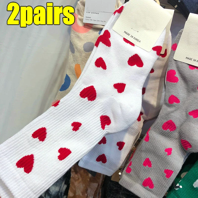 1/2pairs Women Sweet Heart Socks Long Cotton Socks High Tube Lovely Soft Short Sock Breathable Sweat-Absorbing Middle Tube Sox