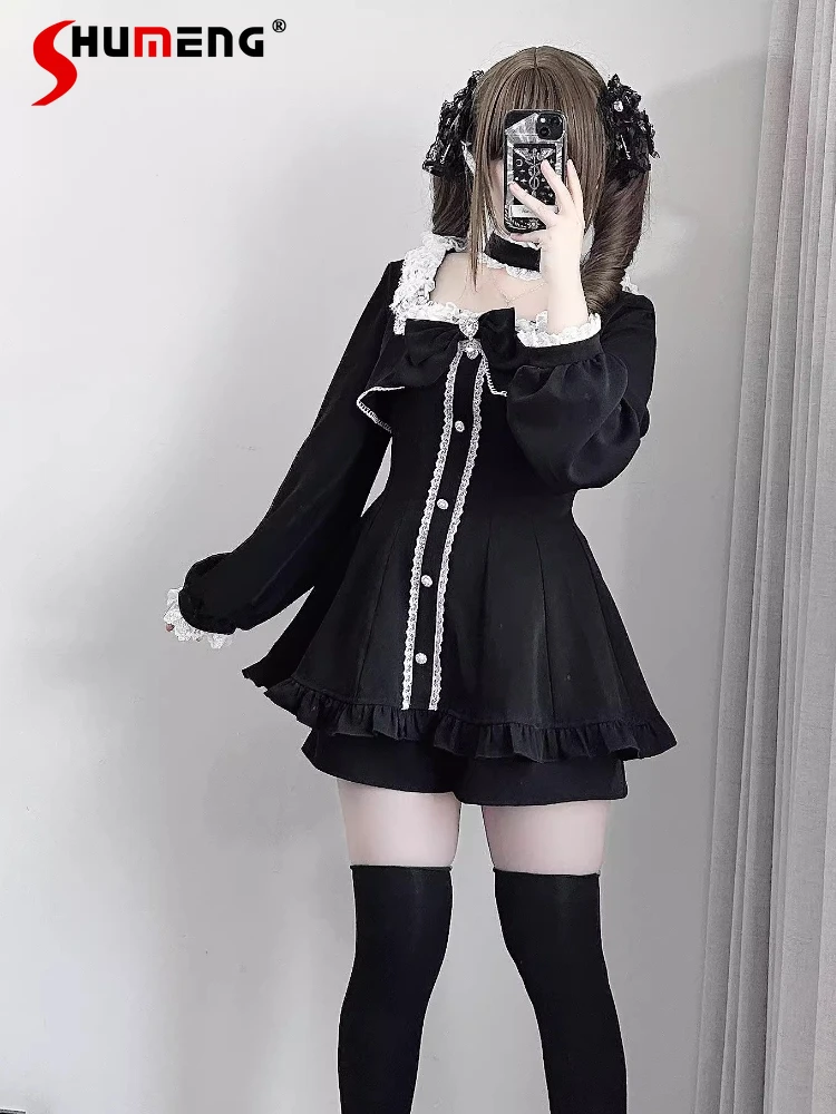 Japanese Style Mass-Produced Lace Square Collar Long Sleeve Ruffles Short Dress Top High Waist Shorts Two-Piece Set for Women