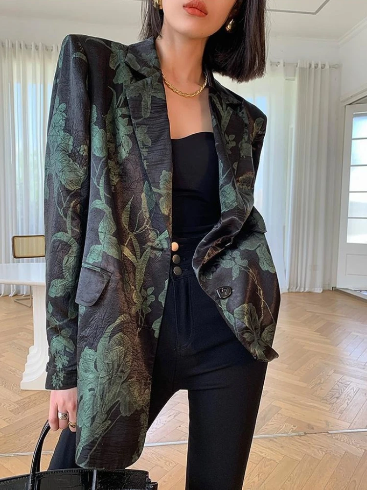 Women's 2025 Spring/Autumn High-End Black Blazer - French Style Slimming Versatile Printed Jacket