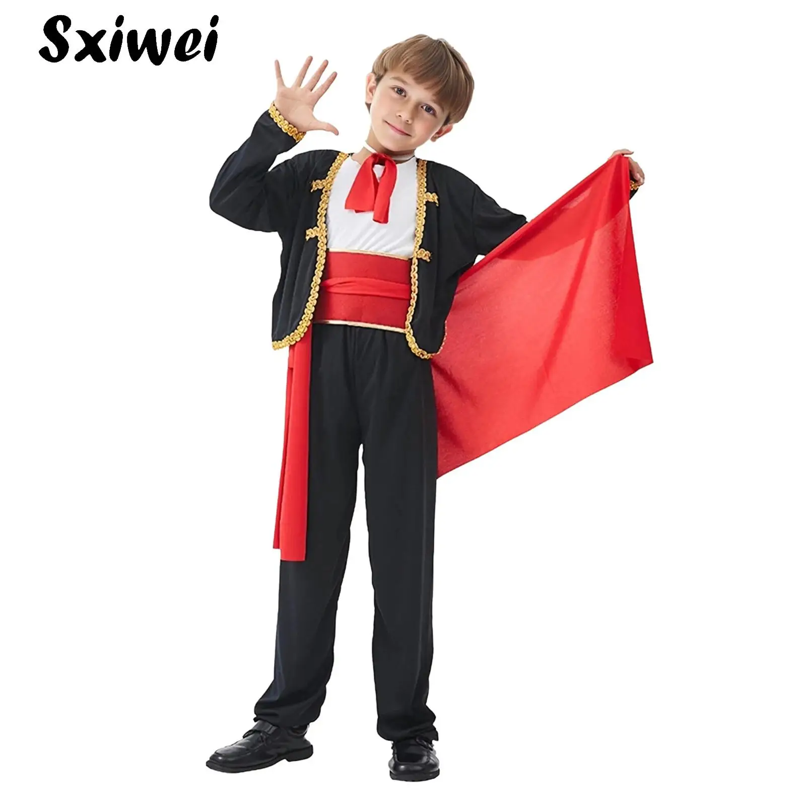 

Boys Spanish Traditional Matador Costume with Top Neckwear Waistbelt Pants Halloween Cosplay Flamenco Fancy Bullfighter Outfits