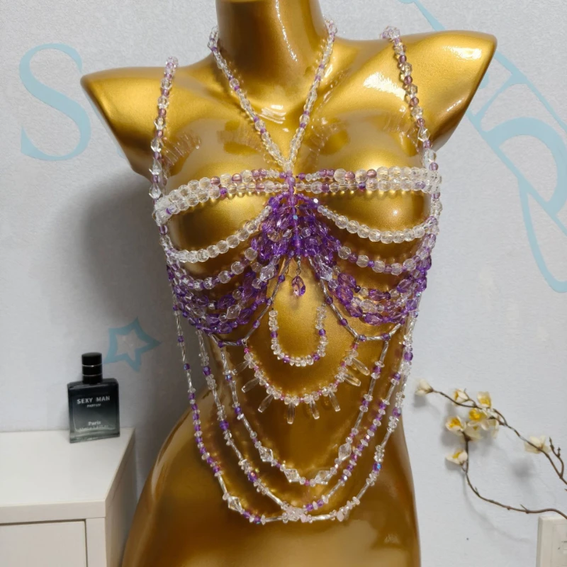 

2025 Resin Beading Vest Tops Transparent Purple Bra Chain Bikini Crop Breast Halter Tops Summer Multi-layer Beaded Body Jewelry