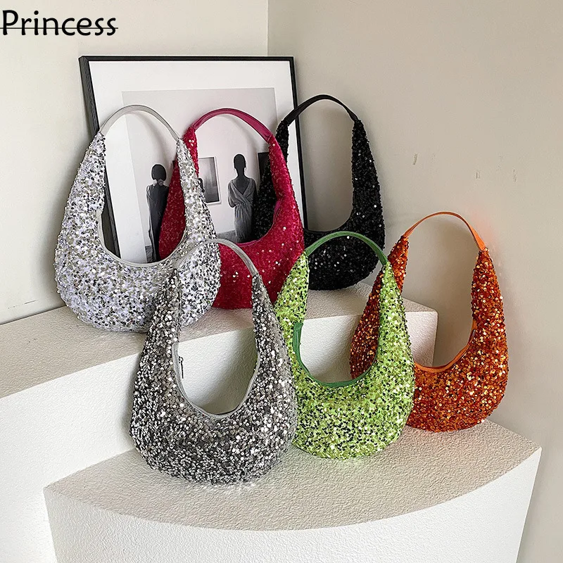 

2024 New Crescent Sparkling Sequins Trendy Handheld Dinner And Fashionable One Shoulder Underarm Bag