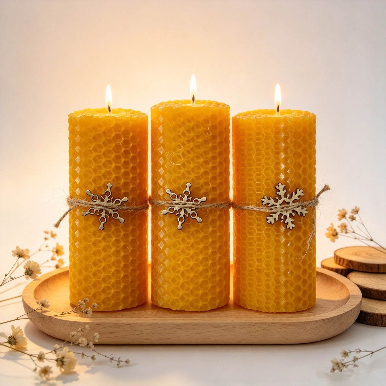 Christmas Candles, Pack of 3, Natural Beeswax Handmade Christmas Gift Wrapped Candles (Decorative Snowflakes in Various Shapes)