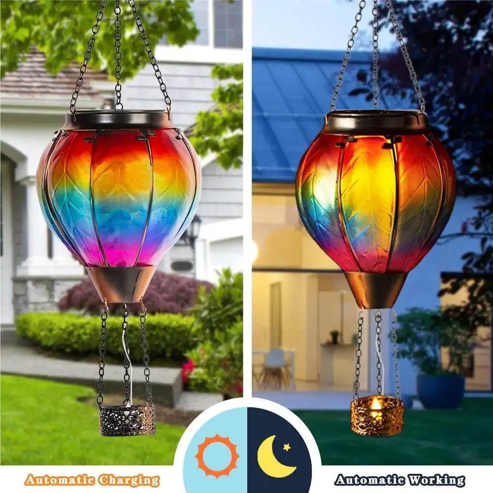 Classical Garden Outdoor Solar Lamp LED Flickering Flame Hot Air Balloon Lamp with Metal Glass Lawn Garden Decoration Outdoor