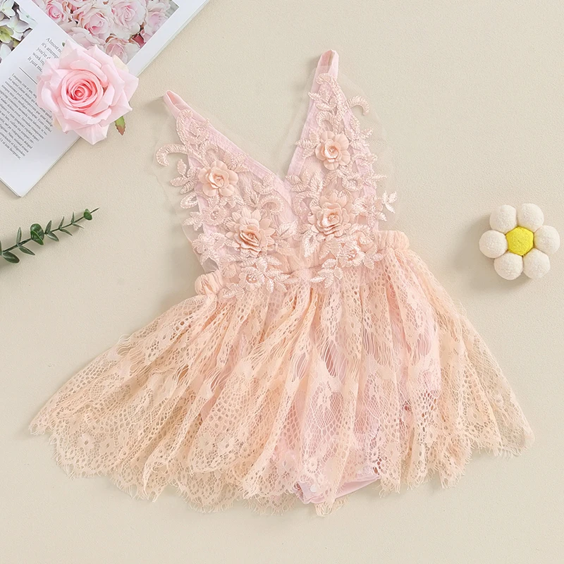 Newborn Baby Girl Summer Clothes Sleeveless V Neck Lace Floral Embroidery Strap Tutu Romper Dress