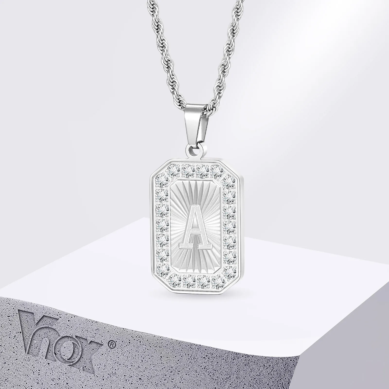 

Vnox Men Initial A-Z Letter Square Pendant Necklace, Adjustable Twisted Chain Stainless Steel 26 Letters Cubic Zirconia Necklace
