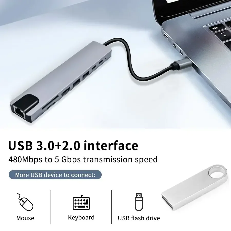 

Док-станция-концентратор 8-в-1 USB C типа C с устройством чтения карт HDMI RJ45 SD/TF PD Быстрая зарядка, совместимая с ноутбуком MacBook