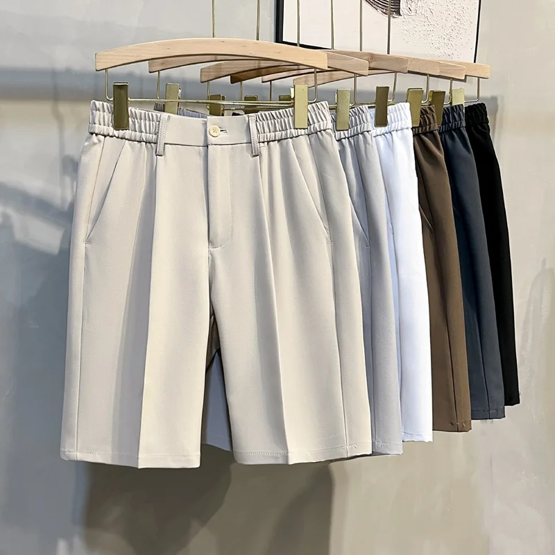 Summer Men's Straight Leg Knee-Length Shorts Pure Color Iron-Free Suit Shorts Slim Fit Casual Pants mid Waist Youth Style