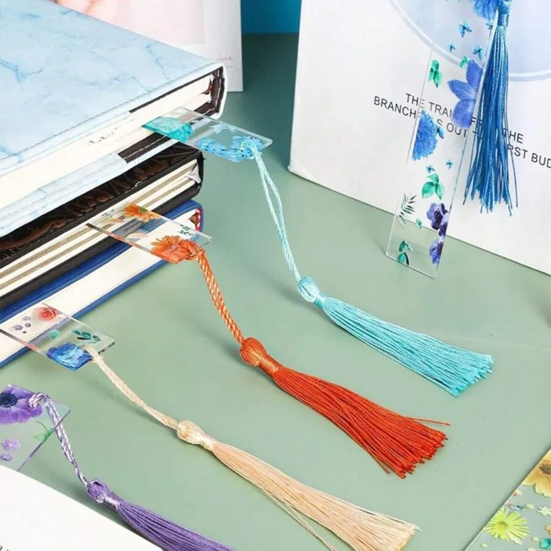 Creative Flower Printed Acrylic Bookmark with Tassel Transparent Book Markers for Students Teachers Index Tags Stationery Supply