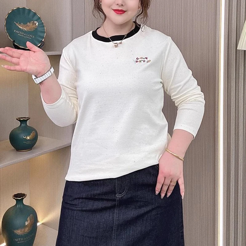 

Plus Size Women's Color-Block Embroidered Loose-Fit Long Sleeve T-Shirt Korean-Style Slimming Casual Chic Round Neck Top