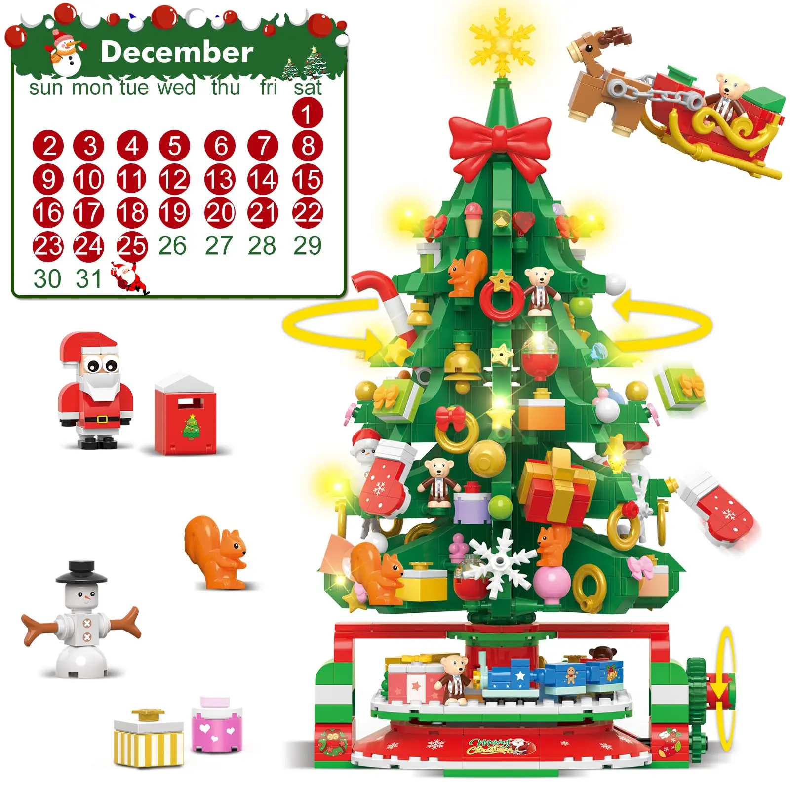 HOGOKIDS Advent Calendar 2024 Rotating Christmas TreeBuilding Set with LED 24 Days Xmas Countdown with Santa Gift for Kids8+